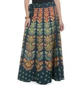 Green Cotton Printed Wrap Around Long Skirt
