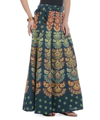 Green Cotton Printed Wrap Around Long Skirt 2
