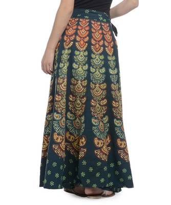 Green Cotton Printed Wrap Around Long Skirt 3