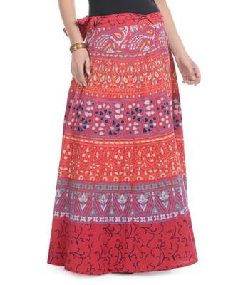 Red Cotton Printed Wrap Around Long Skirt 1