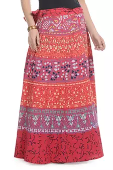 Red Cotton Printed Wrap Around Long Skirt