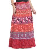 Red Cotton Printed Wrap Around Long Skirt