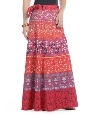 Red Cotton Printed Wrap Around Long Skirt 2