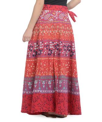 Red Cotton Printed Wrap Around Long Skirt 3