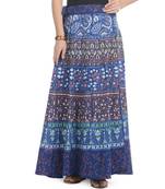 Blue Cotton Printed Wrap Around Long Skirt