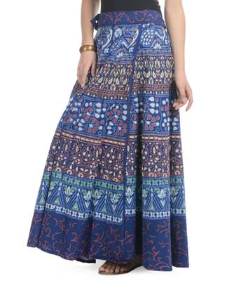 Blue Cotton Printed Wrap Around Long Skirt 2