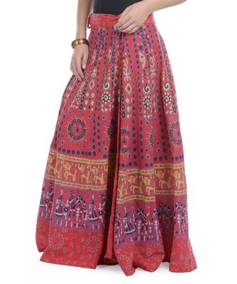 Red Cotton Printed Wrap Around Long Skirt 2