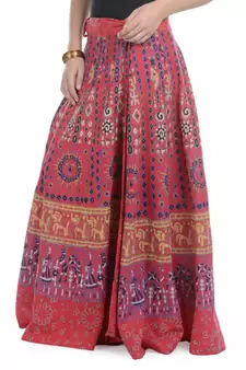 Red Cotton Printed Wrap Around Long Skirt