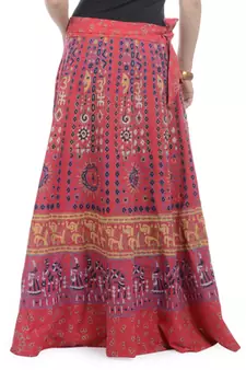 Red Cotton Printed Wrap Around Long Skirt