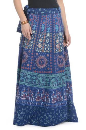 Blue Cotton Printed Wrap Around Long Skirt