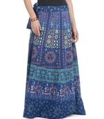 Blue Cotton Printed Wrap Around Long Skirt