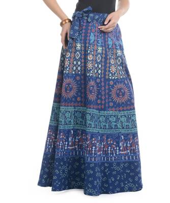Blue Cotton Printed Wrap Around Long Skirt 2