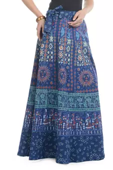 Blue Cotton Printed Wrap Around Long Skirt