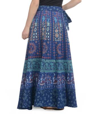 Blue Cotton Printed Wrap Around Long Skirt 3