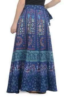 Blue Cotton Printed Wrap Around Long Skirt