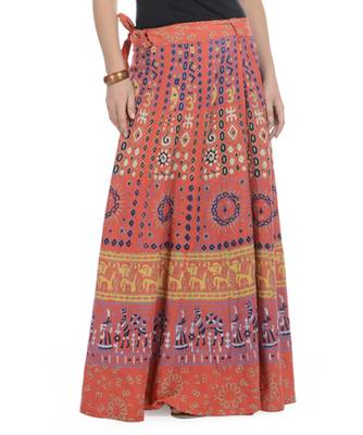 Orange Cotton Printed Wrap Around Long Skirt