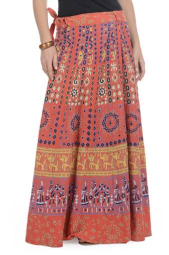 Orange Cotton Printed Wrap Around Long Skirt