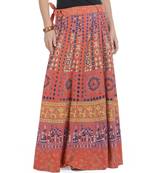 Orange Cotton Printed Wrap Around Long Skirt