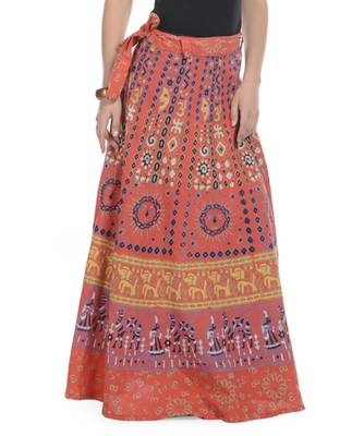 Orange Cotton Printed Wrap Around Long Skirt 2