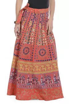 Orange Cotton Printed Wrap Around Long Skirt