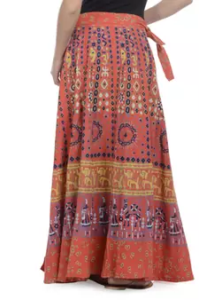 Orange Cotton Printed Wrap Around Long Skirt