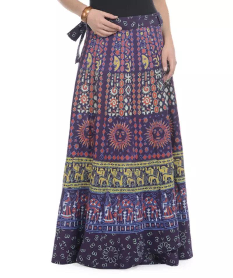 Purple Cotton Printed Wrap Around Long Skirt