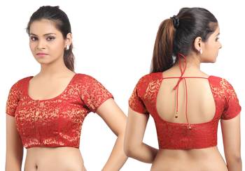 Red Ready Made Stitched Padded Blouse With Gold Prints 1