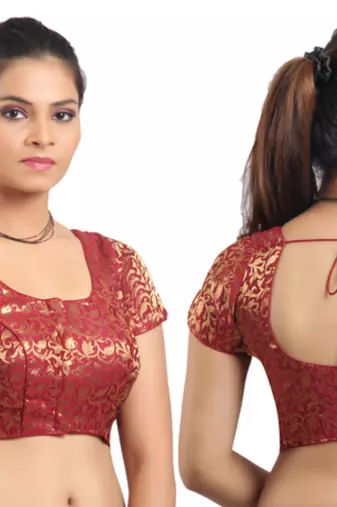 Maroon Ready Made Stitched Padded Blouse With Gold Prints