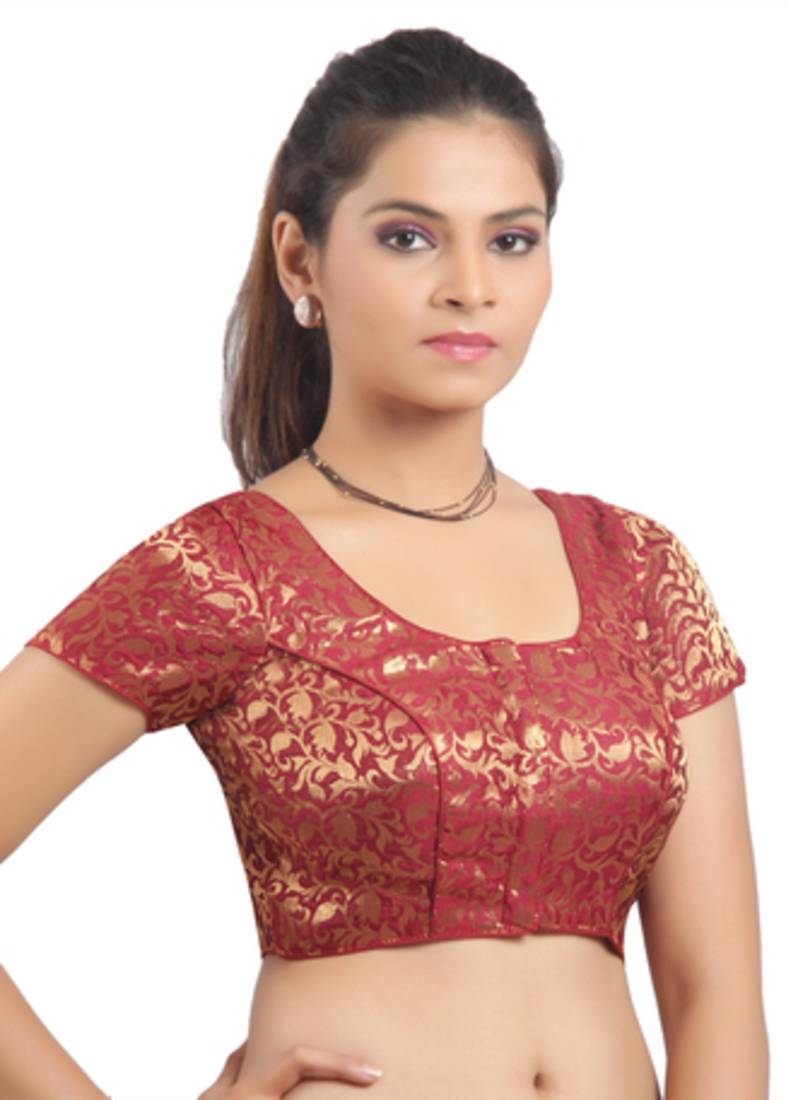 Maroon Ready Made Stitched Padded Blouse With Gold Prints