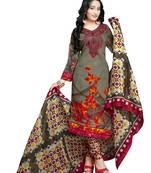 Green Floral Print Cotton Unstitched Kameez With Dupatta