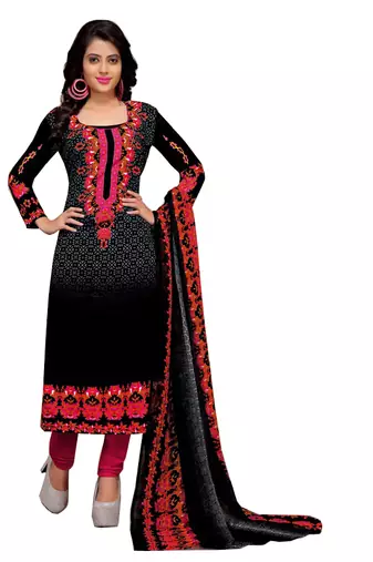 Black Floral Print Cotton Unstitched Salwar Kameez With Dupatta