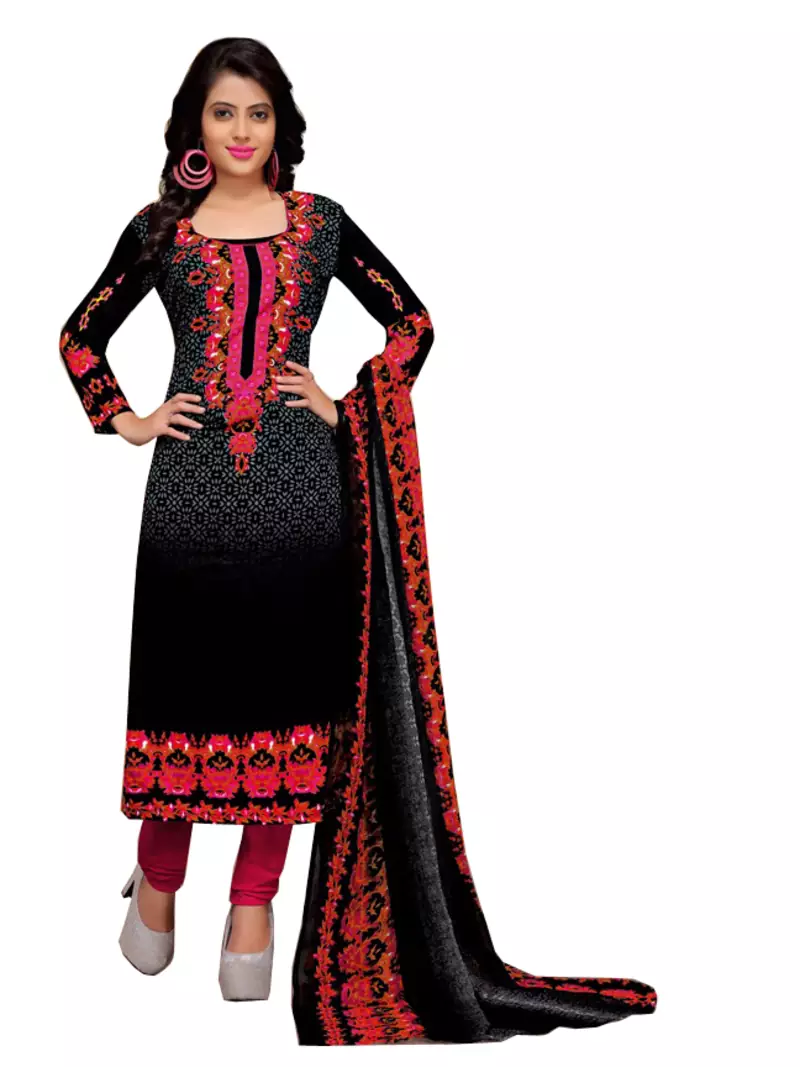 Black Floral Print Cotton Unstitched Salwar Kameez With Dupatta