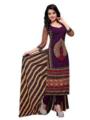 Purple Floral Print Cotton Unstitched  Kameez With Dupatta 1
