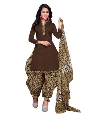 Brown Floral Print Cotton Unstitched Salwar Kameez With Dupatta 1