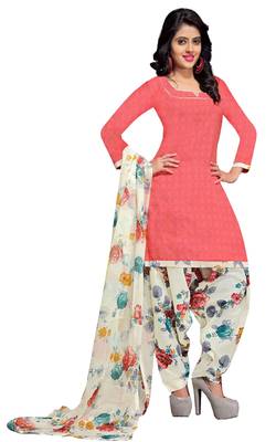 Peach Floral Print Cotton Unstitched Salwar Kameez With Dupatta 1