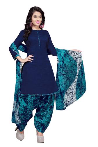 Navy-Blue Floral Print Cotton Unstitched Salwar Kameez With Dupatta
