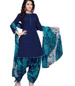 Navy-Blue Floral Print Cotton Unstitched Salwar Kameez With Dupatta