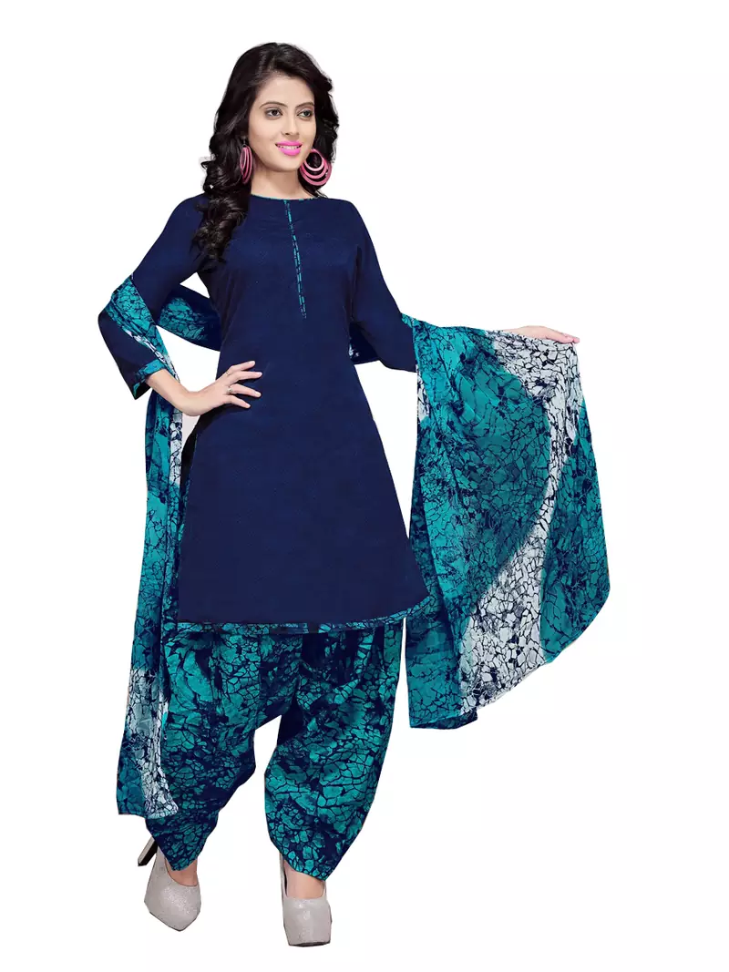 Navy-Blue Floral Print Cotton Unstitched Salwar Kameez With Dupatta