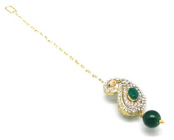Buti Shaped Maang Tikka Decorated With Crystal And Pearl Drop 2