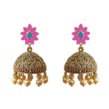 Antique Meenakari Flowershape Goldplated Brass Pink Oxidized Pearl Tokri Jhumki Earring Set 1