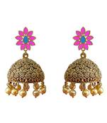 Antique Meenakari Flowershape Goldplated Brass Pink Oxidized Pearl Tokri Jhumki Earring Set