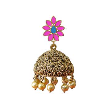 Antique Meenakari Flowershape Goldplated Brass Pink Oxidized Pearl Tokri Jhumki Earring Set 2