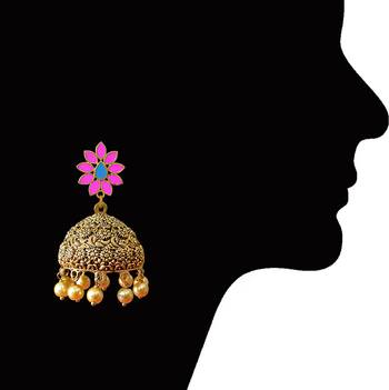 Antique Meenakari Flowershape Goldplated Brass Pink Oxidized Pearl Tokri Jhumki Earring Set 3