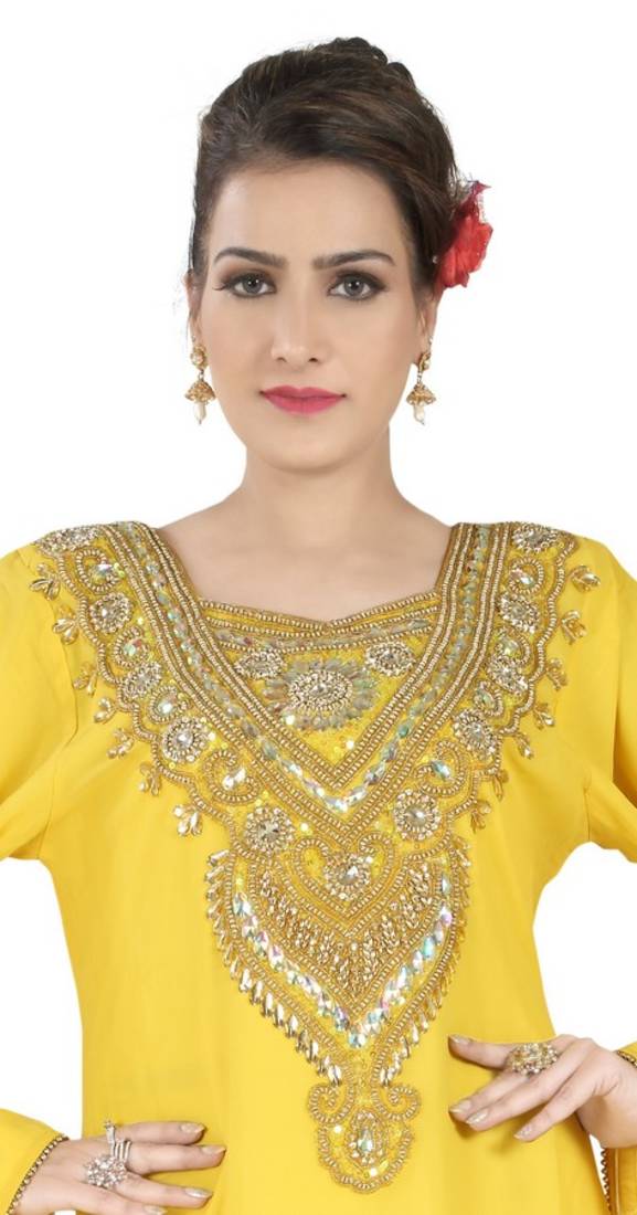 Yellow Hand Stitched Chiffon 100% Polyester Festive Wear Arab Islamic Kaftan