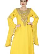 Yellow Hand Stitched Chiffon 100% Polyester Festive Wear Arab Islamic Kaftan