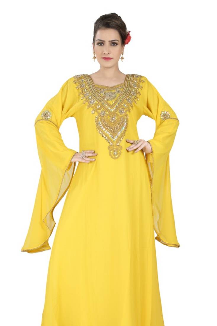 Yellow Hand Stitched Chiffon 100% Polyester Festive Wear Arab Islamic Kaftan