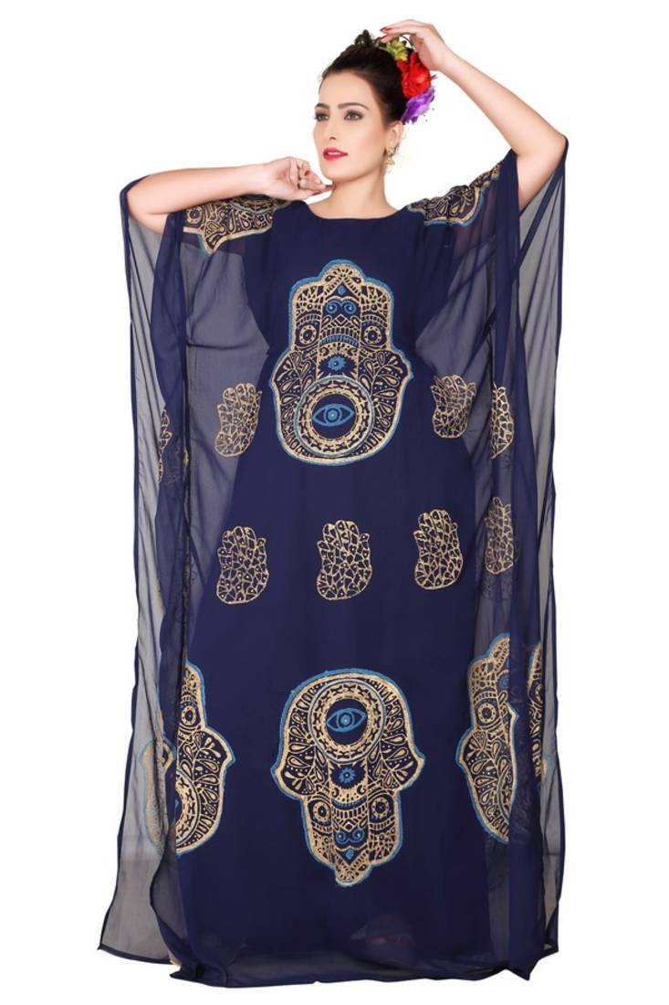 Blue Hand Stitched Chiffon 100 Polyester Festive Wear Arab Farasha