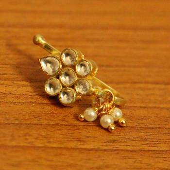 Kundan & Pearl Flower Pattern Polki Marathi Nose Ring 1