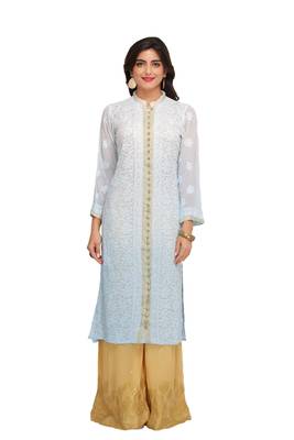 Blue Embroidered Faux Georgette Chikankari Kurti 2