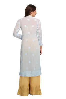 Blue Embroidered Faux Georgette Chikankari Kurti 3